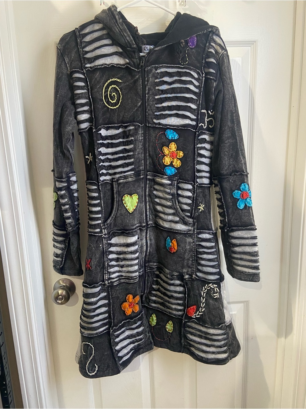 Boho Embroidered Black Hooded Varsity Jacket